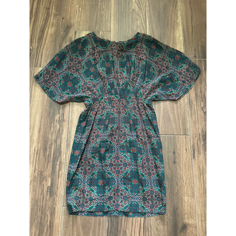 Nieves Lavi New York‎ 100% Silk Geometric Print Mini Dress Green Red Size 4